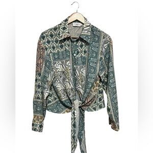 Mun Tie-Front Paisley Button-Up Blouse Green Multi Size Small Business Office